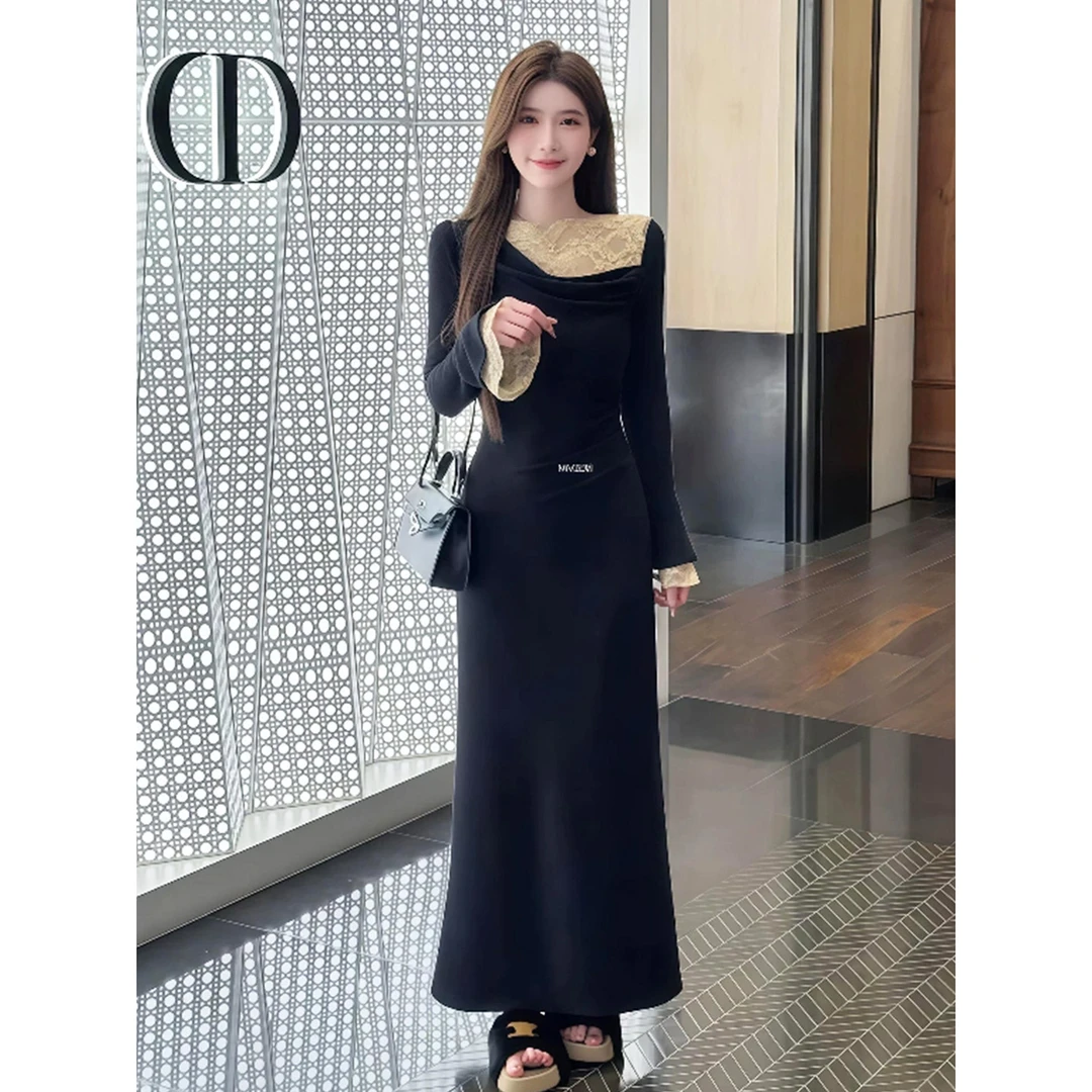 【浪漫如旧】法式高级感荡领蕾丝拼接连衣裙女2025秋冬新款加绒长裙