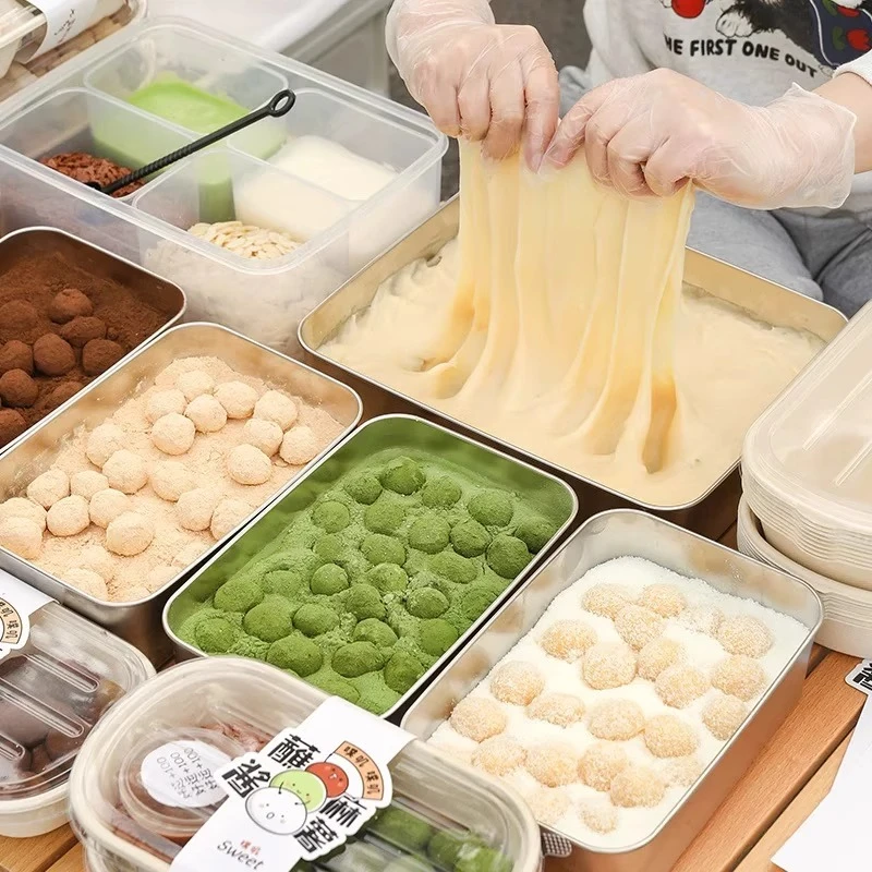 麻糍馅料摆摊工具专用分装小料盒子不锈钢商用配料盒糯叽叽裹粉盘