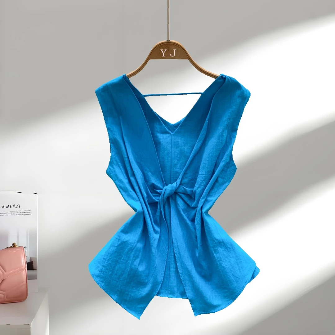 轻奢极简风高级感V领无袖衬衫女夏季扭结显瘦绝美别致气质上衣潮
