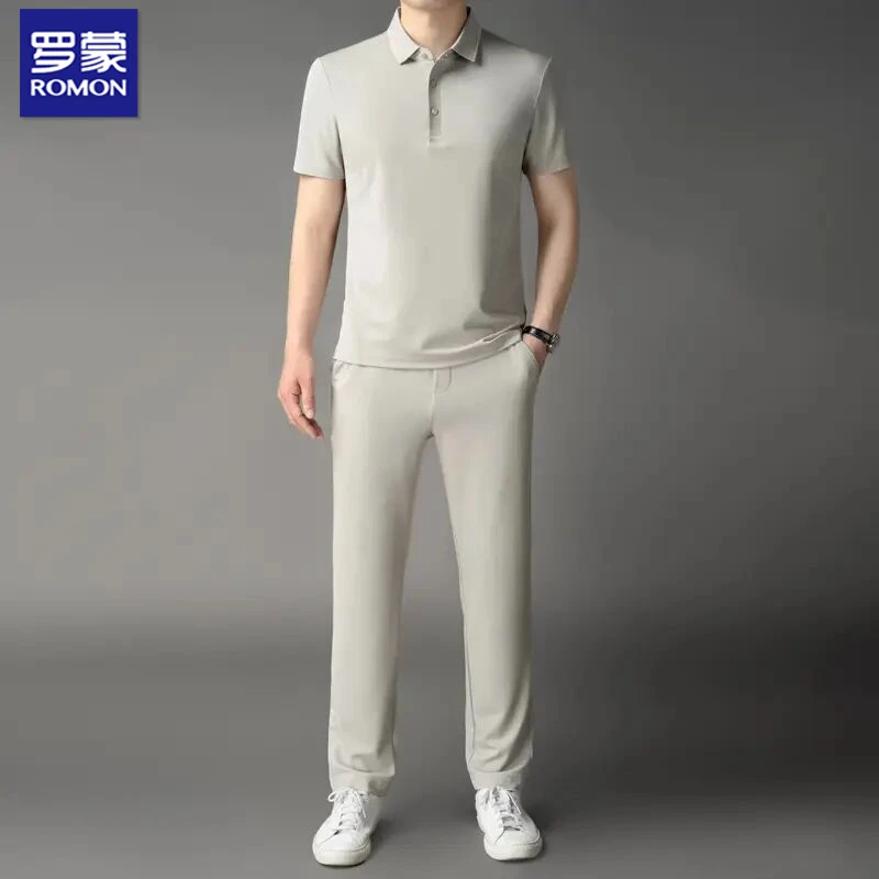 罗蒙男士夏季短袖套装休闲时尚百搭桑蚕丝上夏季男啄木鸟男士套装