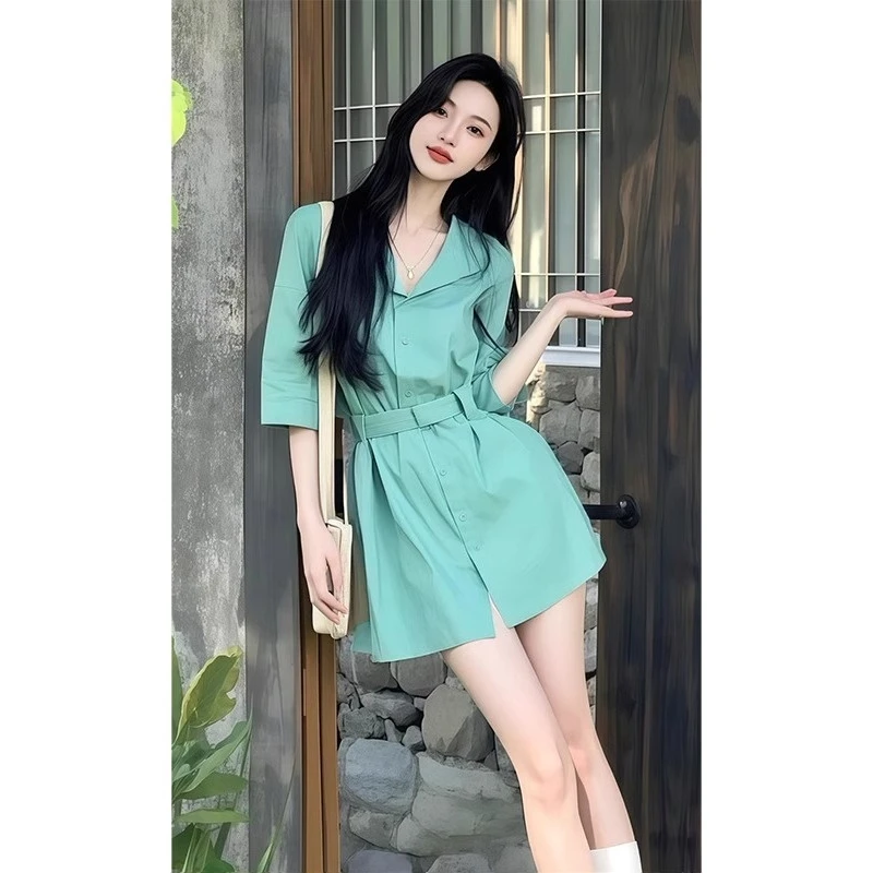 韩版气质休闲超好看衬衫连衣裙女装2025夏季新款小个子收腰短裙子