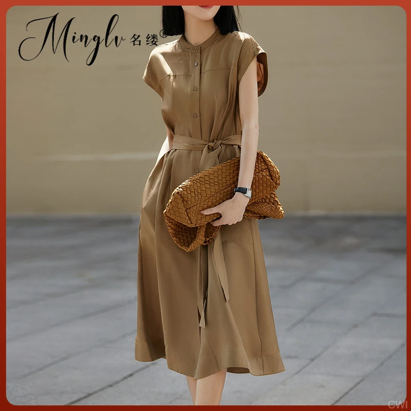 a字高端法式圆领短袖连衣裙女2025夏季气质名媛长裙收腰通勤重工