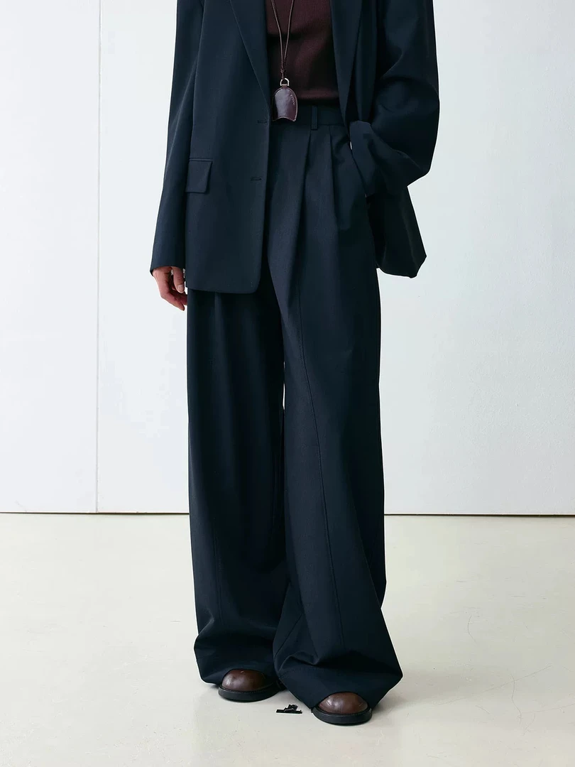 YOEYYOU褶裥做旧阔腿长裤25春新品设计感宽松气质百搭压褶阔腿裤