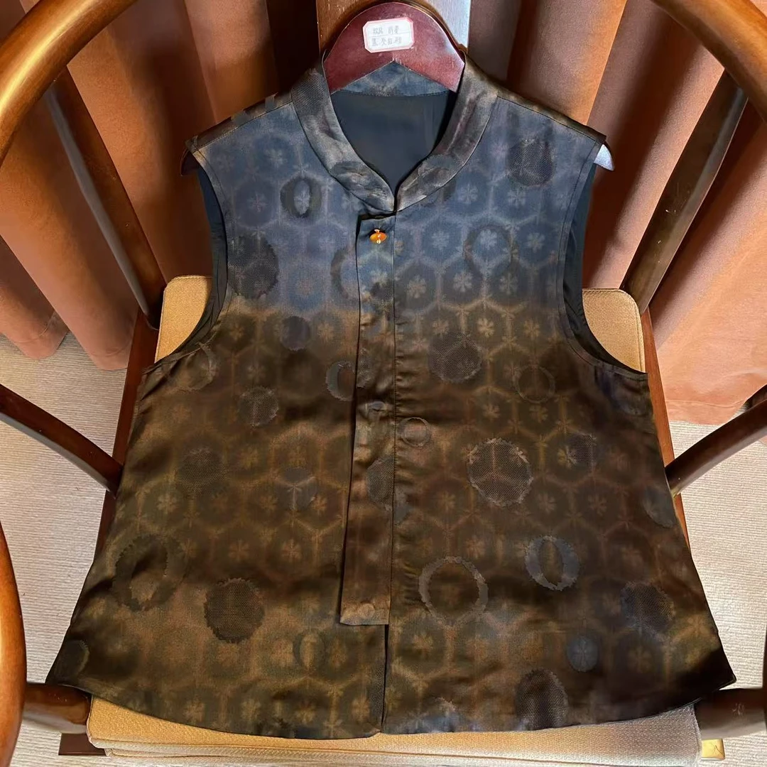 【黛央】单排扣马夹提花立领印花春季民族风女两面无袖女士马甲春季