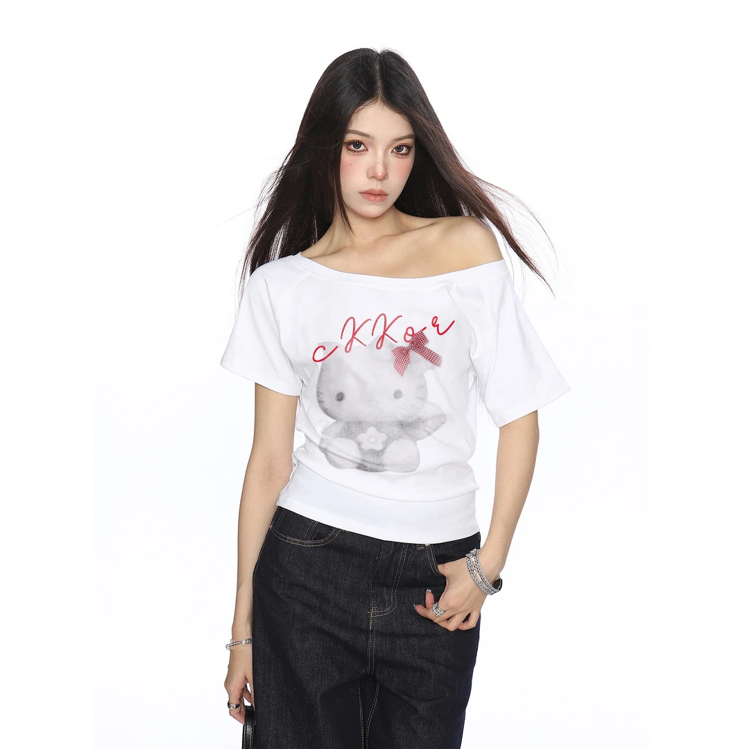 夏季修身显瘦透气凉感斜肩短袖t恤女美式无感千金清冷感显瘦短袖