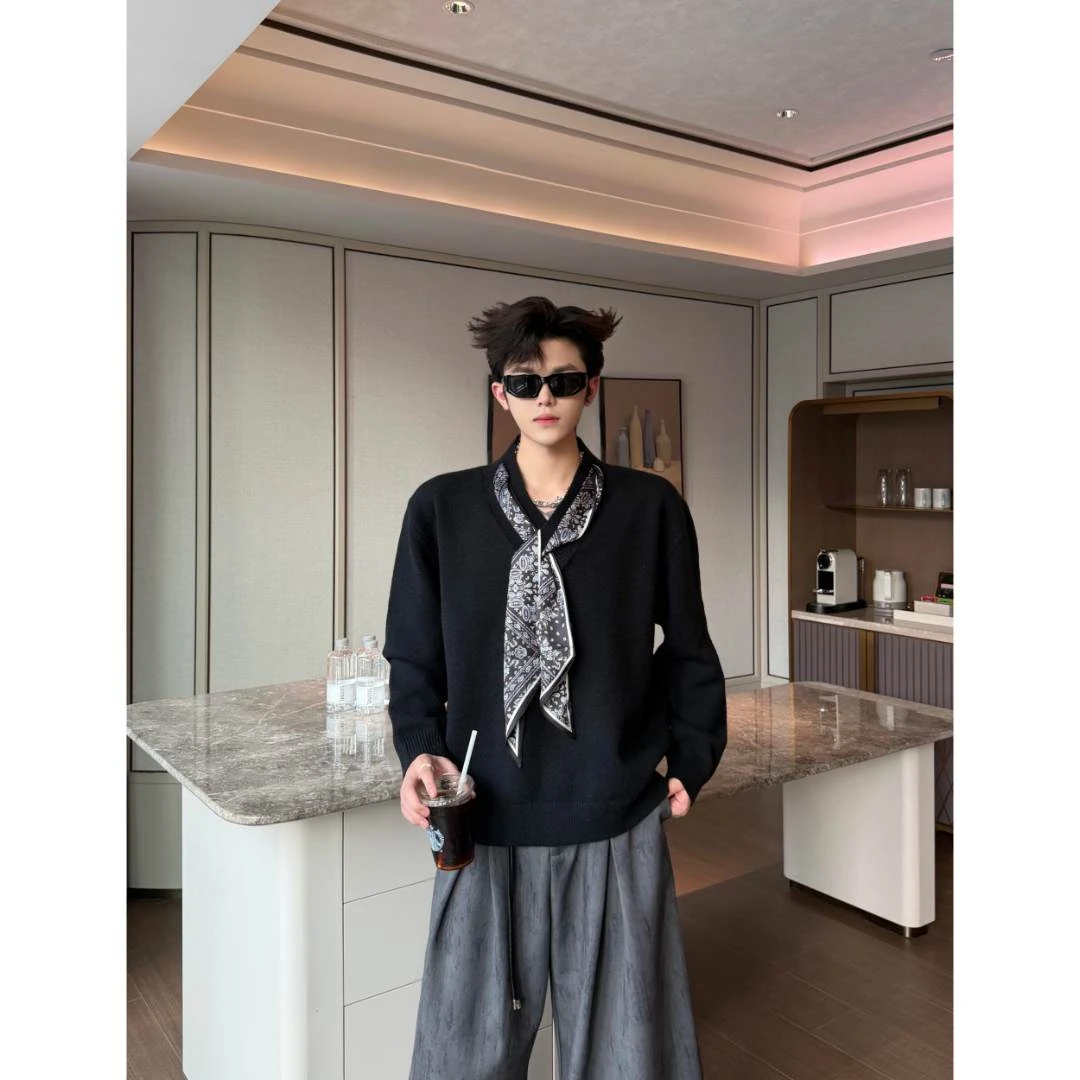 YOUNG秋季新品复古设计感丝巾系带长袖针织衫男韩宽松毛衣(MY01)