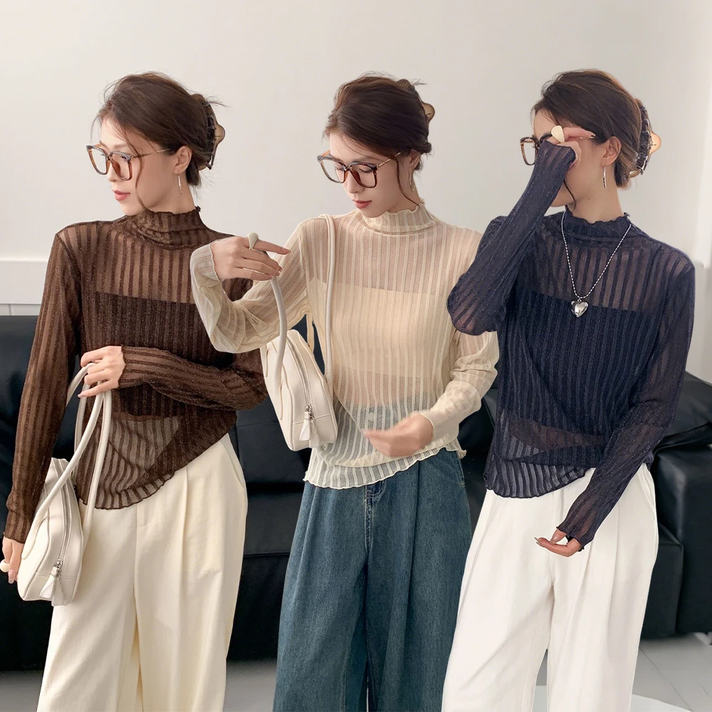 薄款内搭半透视网纱打底衫女2025秋冬新款网纱百搭高领上衣