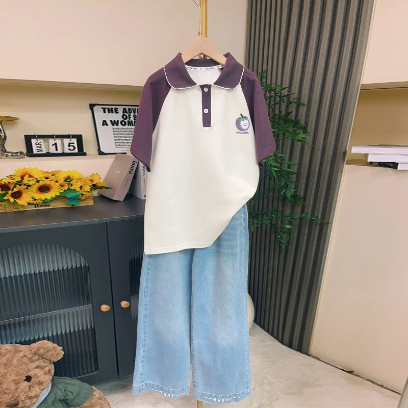 中大童女童韩版套装洋气新款短袖polo衫翻领上衣夏季休闲两件套