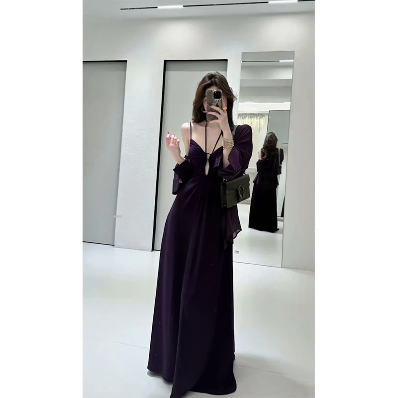 纯欲风性感辣妹宽松显瘦长袖衬衣高级感辣妹露背修身吊带连衣裙女