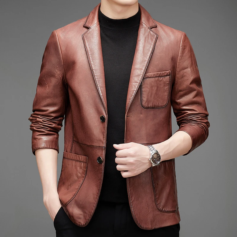 油蜡牛皮真皮西装男海宁真皮软皮衣修身夹克皮西服薄款单皮外套潮