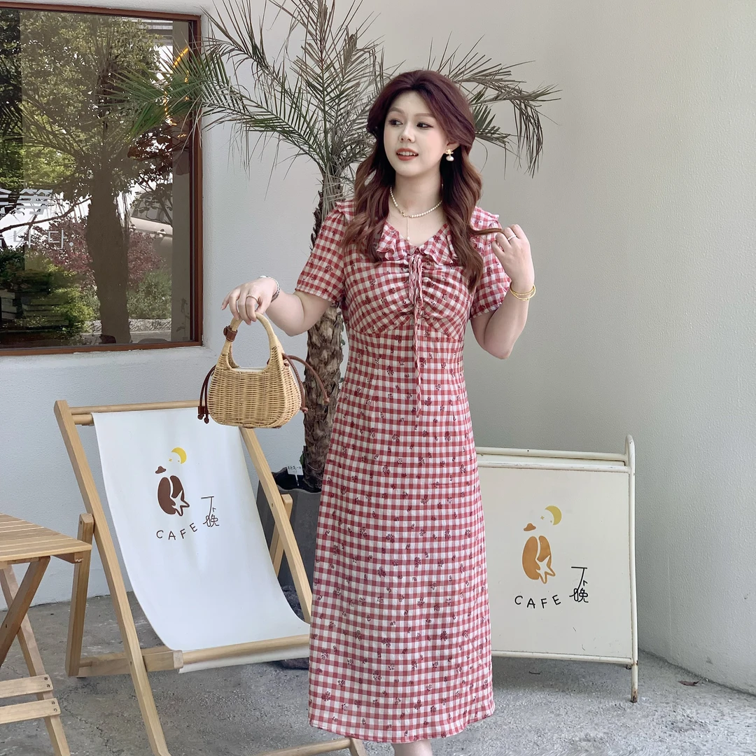 楠序小鈺微胖女装2025夏季新款显瘦气质复古格纹连衣裙女DD10205