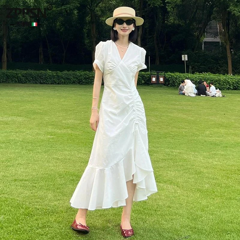 ZPPSN白色不规则设计感收腰连衣裙女夏季法式高级感气质V领泡泡袖