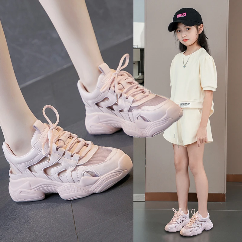 女童运动鞋2025新款春夏儿童镂空透气老爹鞋中大童女孩包头半凉鞋
