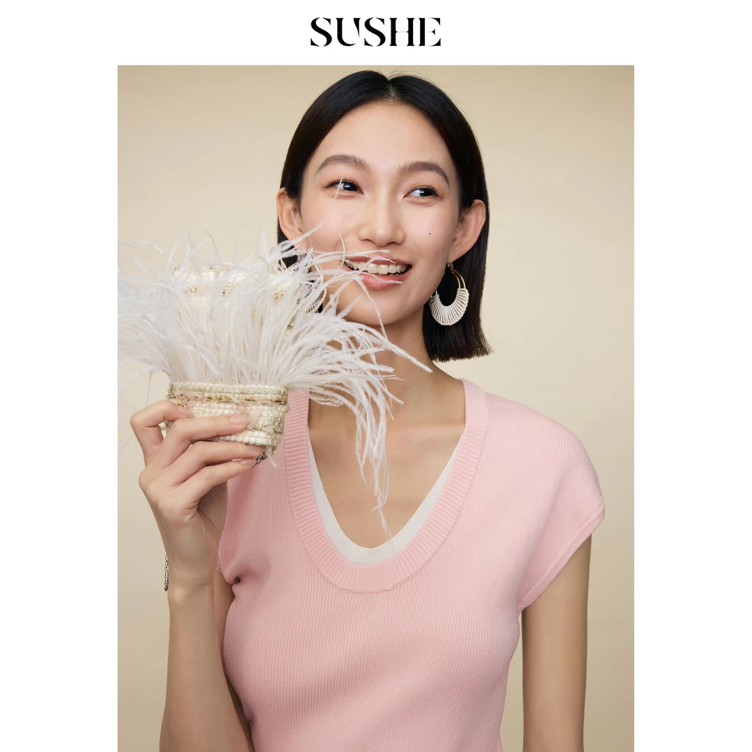 束皙SUSHE 晴丝 基础百搭 弹力透气天丝撞色U领修身假两件针织T恤