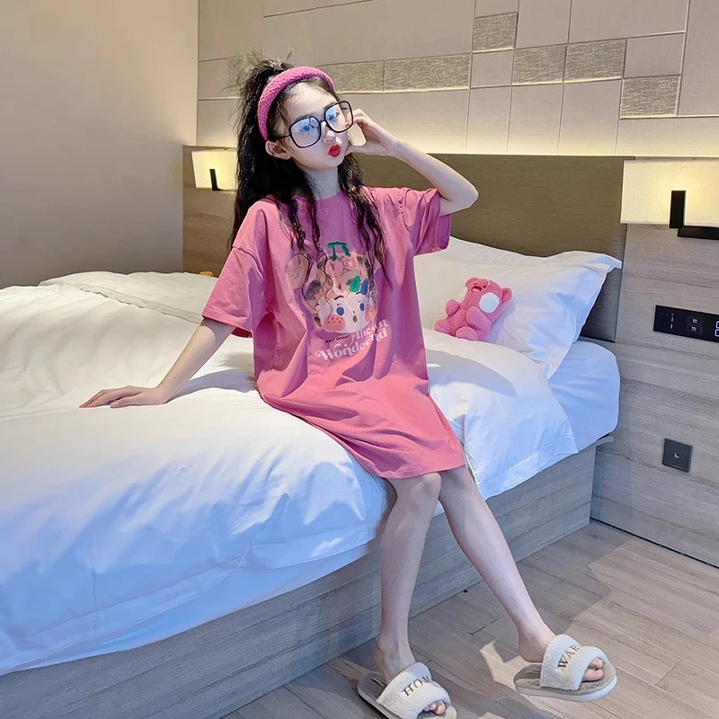 女童纯棉休闲睡裙夏季2025新款初中生女孩薄款短袖睡衣儿童家居服