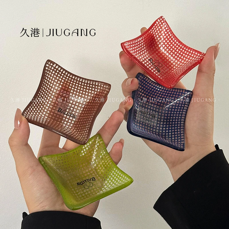 韩式小众彩色方格玻璃小碟复古多巴胺迷你蘸料碟子方形酱料碟味碟