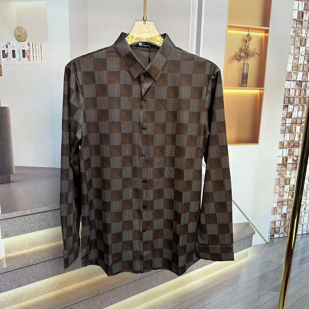 FLD男秋冬高品质欧货菱形格无缝弹力经典复古长袖衬衫