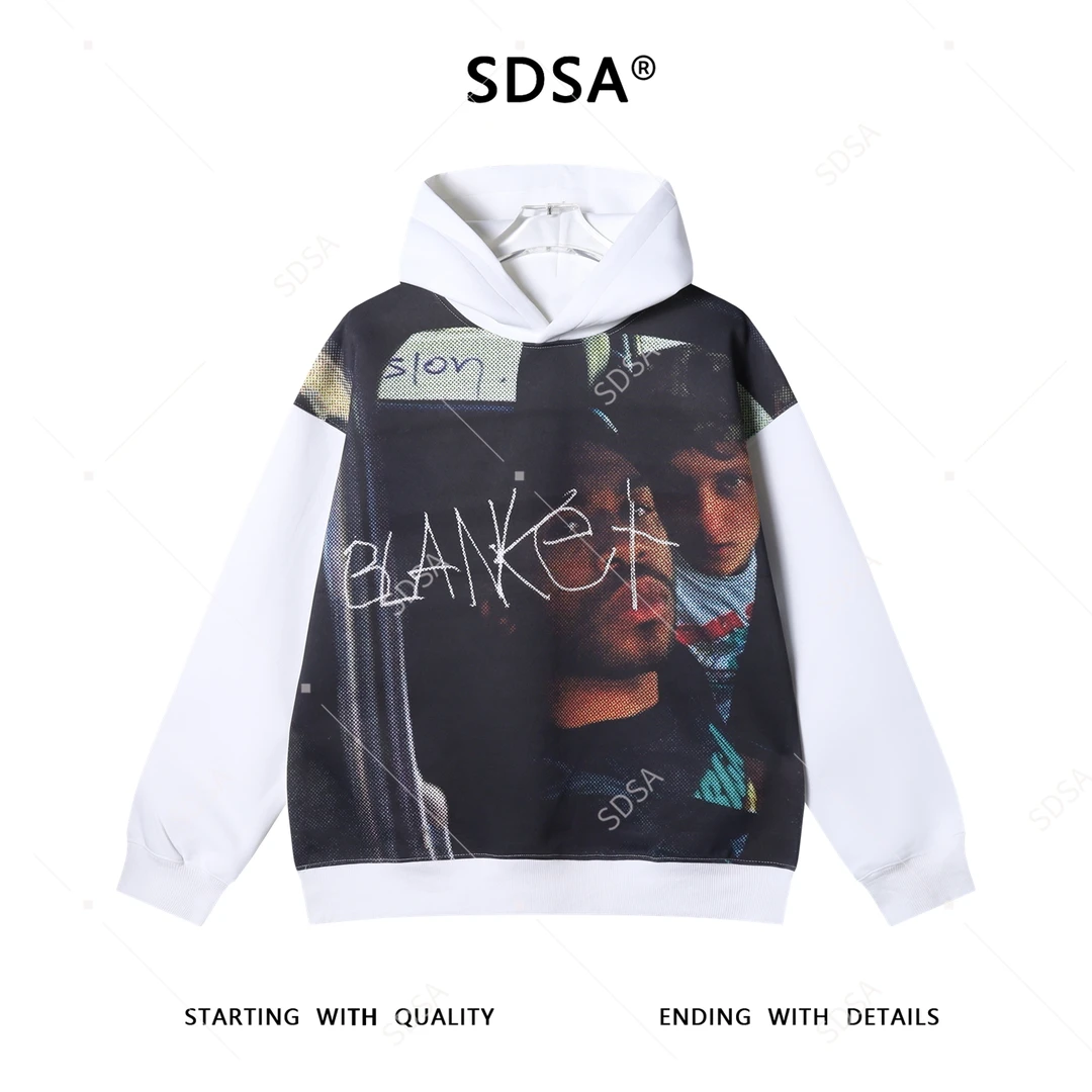 SDSA秋冬新款痞帅男装美式复古街头嘻哈人物印花连帽卫衣潮牌上衣
