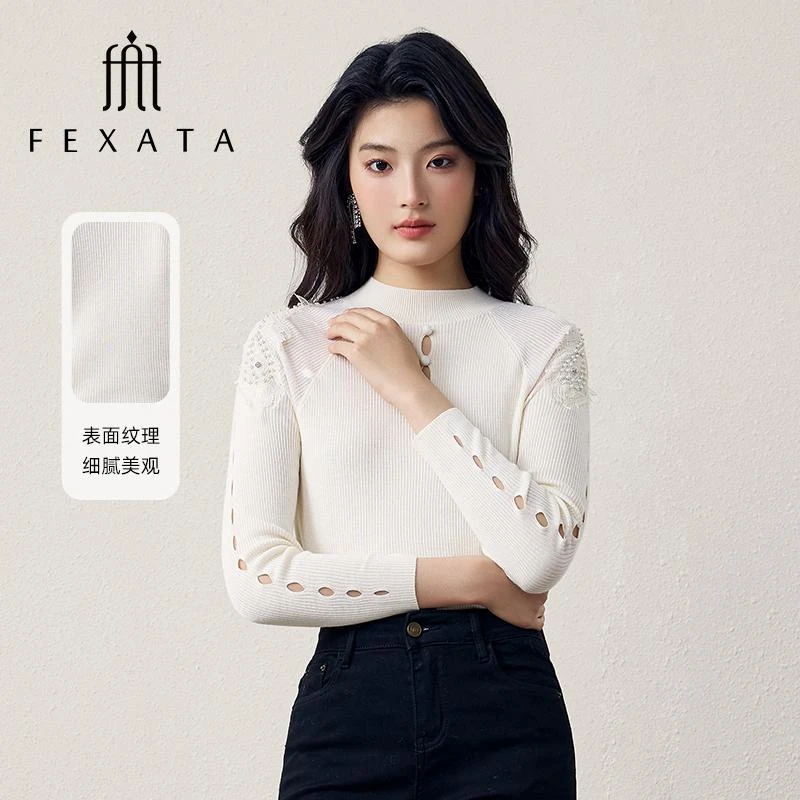 【媛媛女王严选】FEXATA斐格思镂空钉珠绣花修身针织衫