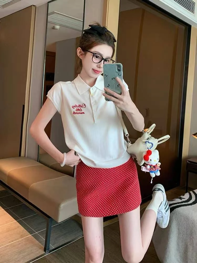 夏季新款正肩短袖刺绣POLO衫休闲翻领纯色显瘦上衣A66