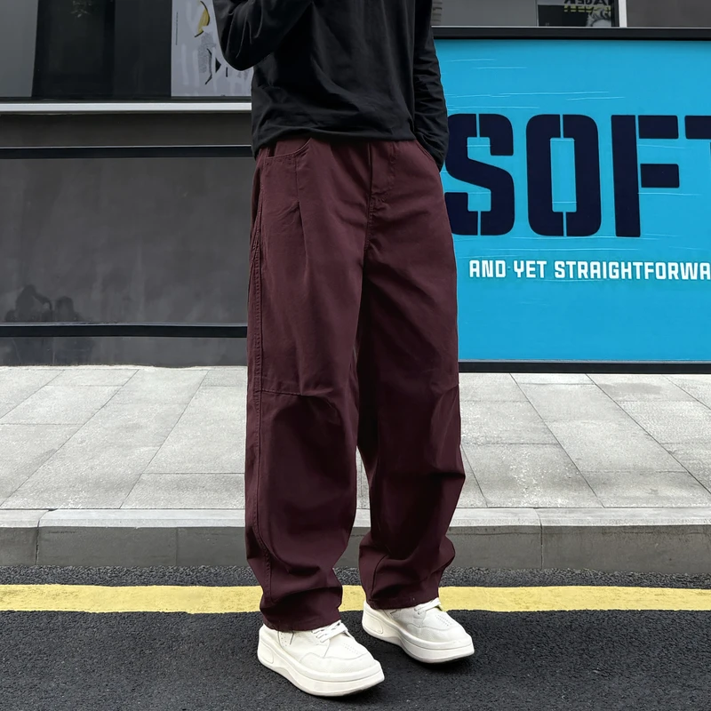 QUALCOMM潮流酒红色休闲裤男女款秋冬百搭宽松阔腿工装裤直筒长裤