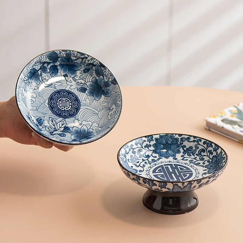 中式陶瓷中式复古高脚水果盘家用客厅茶几零食摆放盘点心盘干果盘