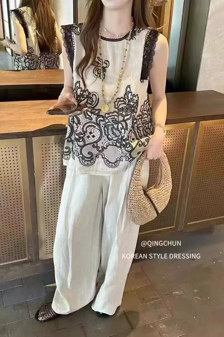 夏季新款老钱风亚麻拼色无袖上衣阔腿裤休闲套装