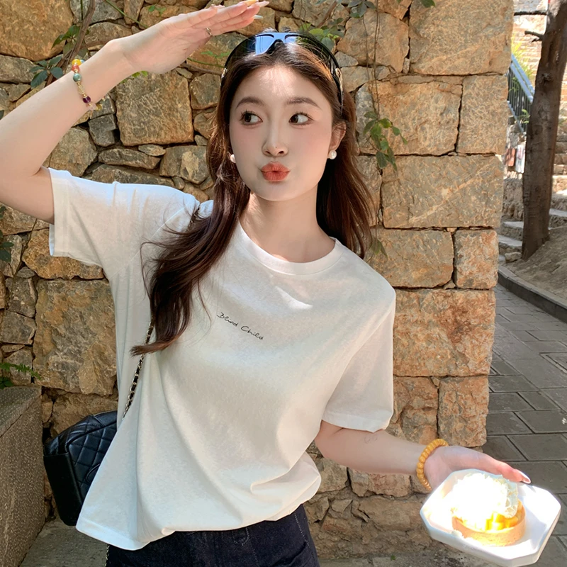 龙妹家白色圆领印花短袖T恤女2025夏季新款宽松显瘦棉麻冰丝上衣