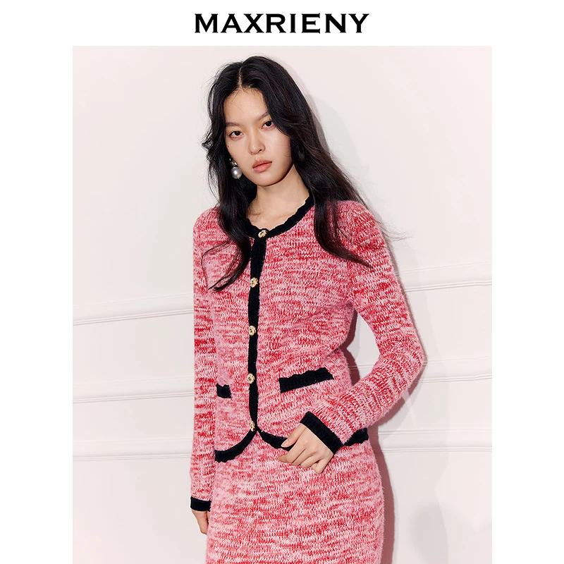 MAXRIENY廓形小香风针织外套羊毛混纺开衫长袖上衣女冬日甜柔穿搭