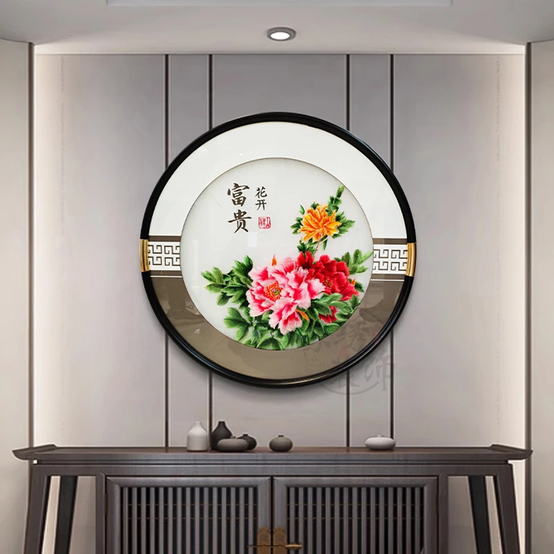 【苏绣坊】柿柿如意新中式入户玄关装饰画圆形高档客厅餐厅刺绣挂画