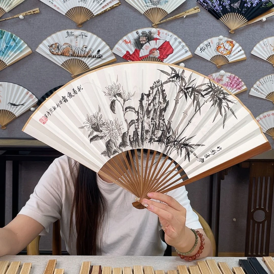 国画95寸玉竹-纯手绘-文玩扇骨（默认粘好）
