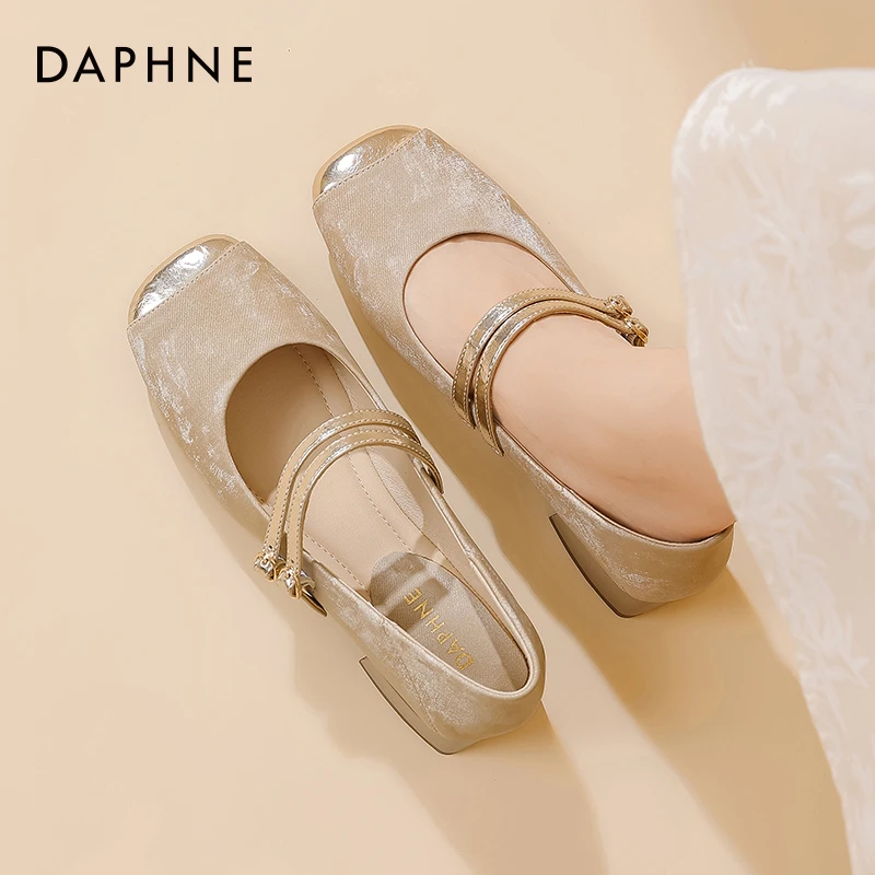 达芙妮纯色法式粗跟浅口单鞋百搭女鞋新中式鞋子玛丽珍鞋夏季zb