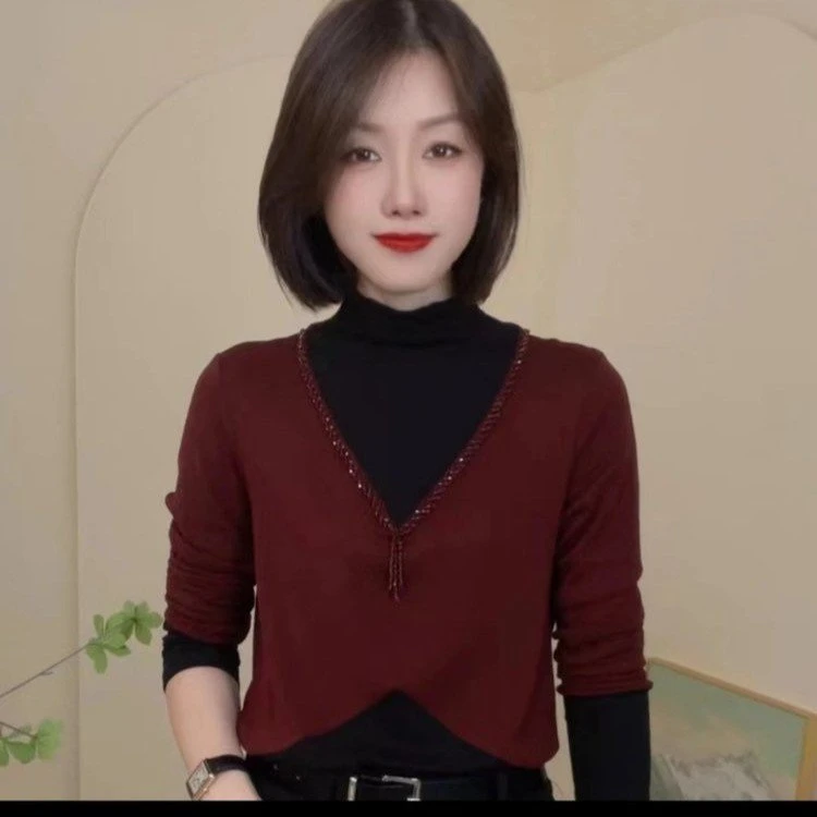 秋季半高领长袖打底衫串珠撞色假两件