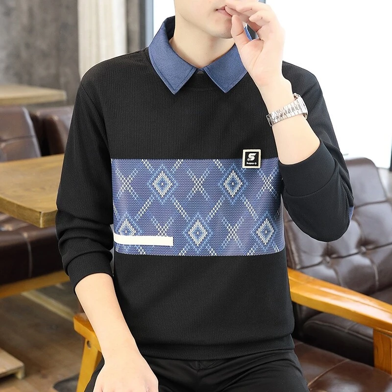 高档衬衫领印花拼接卫衣男士春季时尚百搭T恤打底衫品质男装25217