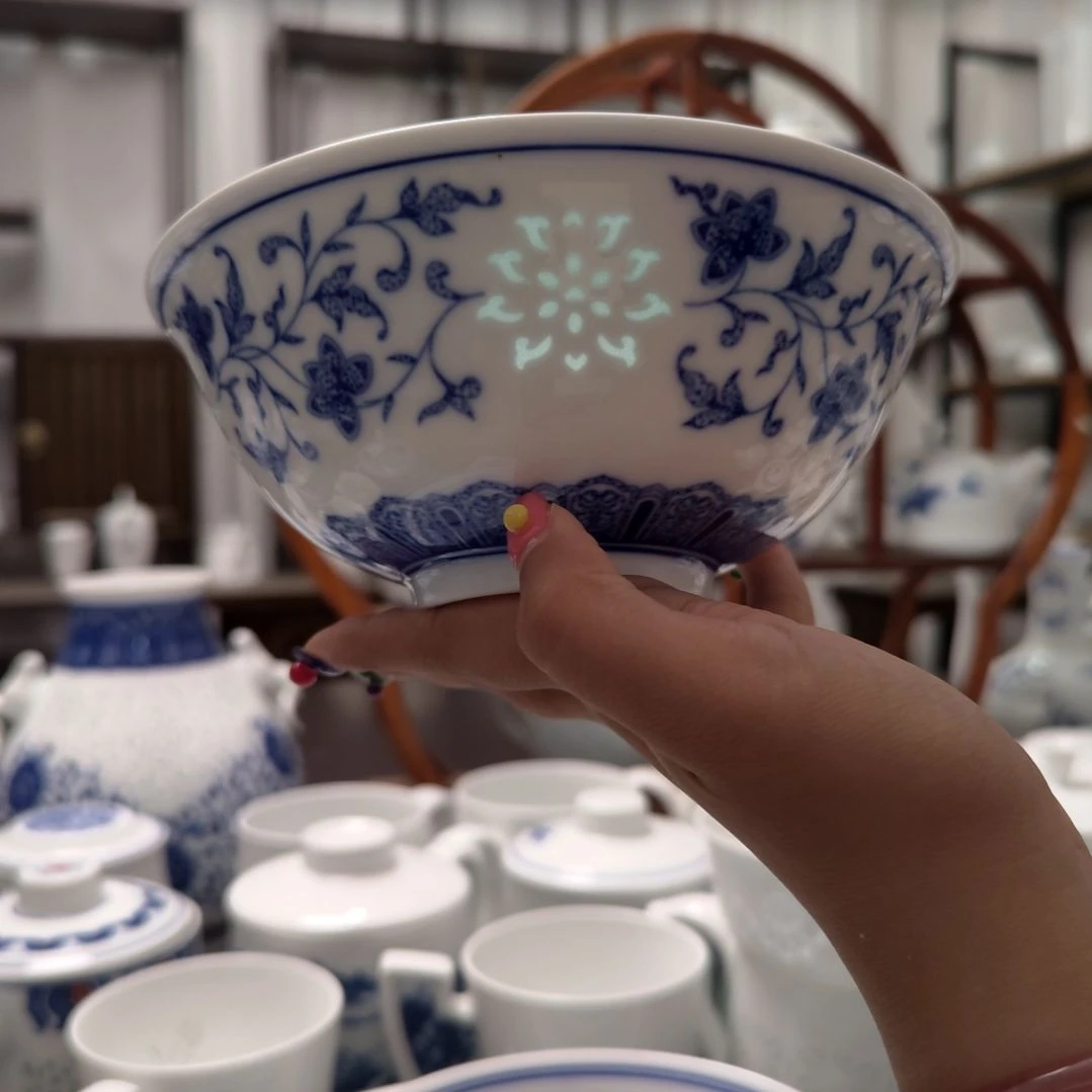 青花瓷万寿莲6寸面碗两只装