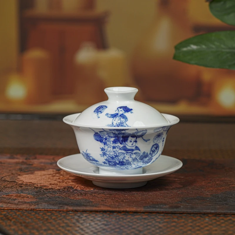 【小乔赏瓷】妙手青花六童平安乐盖碗jd124