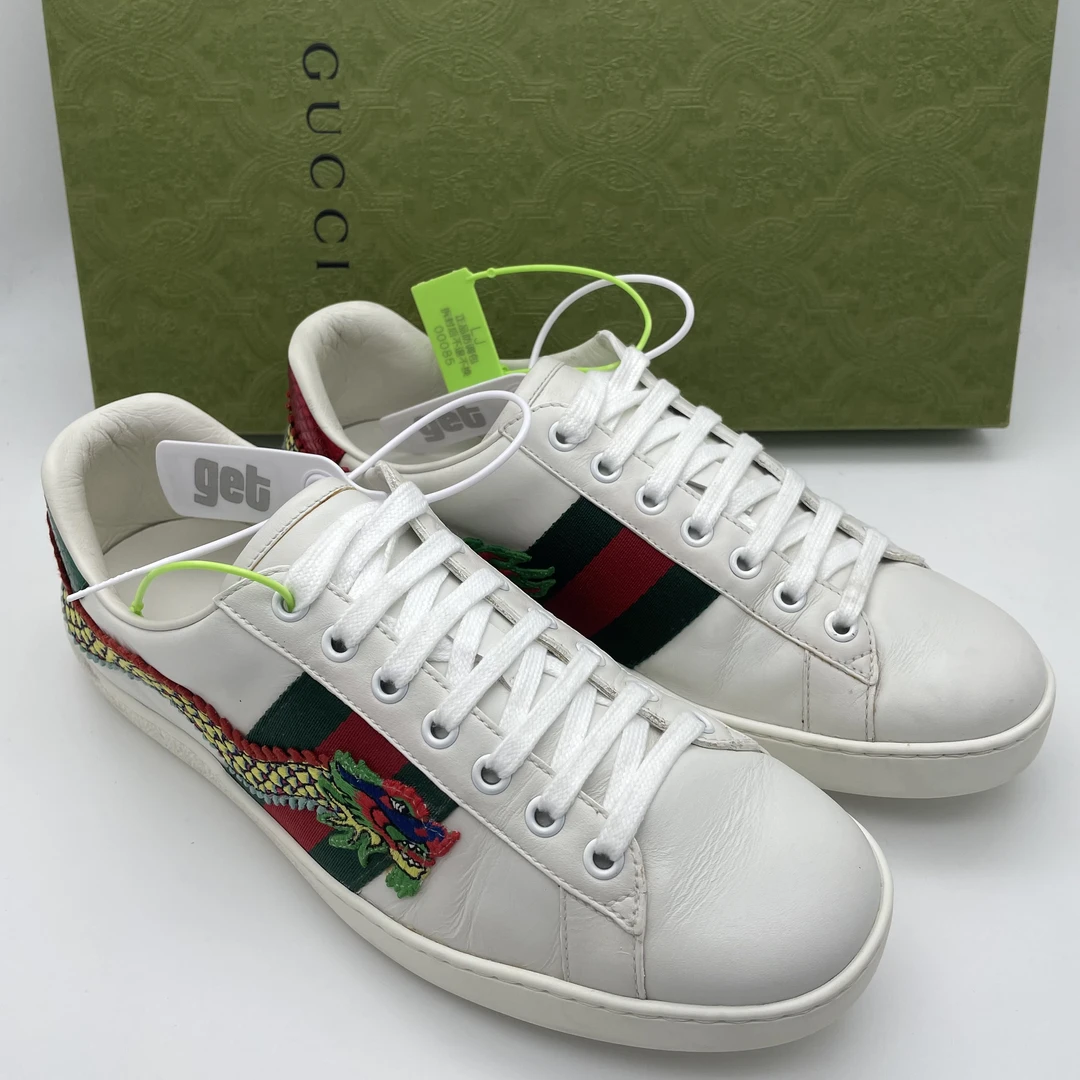 95新 GUCCI/古驰 40.5/41欧码（领星甄选）龙纹刺绣红绿织带板鞋