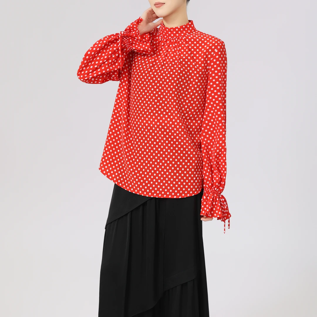 GIRDEAR/哥弟时尚复古法式波点气质长袖百搭显瘦立领衬衫130005