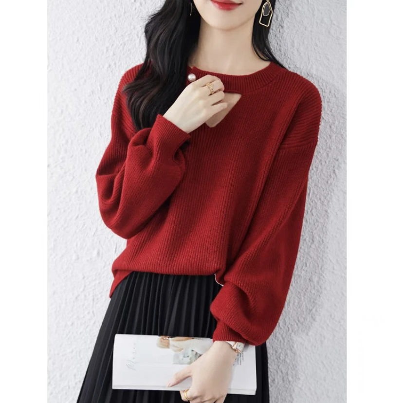 【珍珠扣】秋冬款小个子短款宽松遮肉挂脖镂空套头针织毛衣女