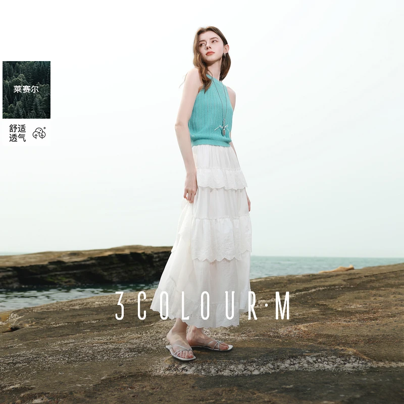 【莱赛尔】三彩2025夏季新款高腰半身裙A字裙花边蛋糕裙长裙女M