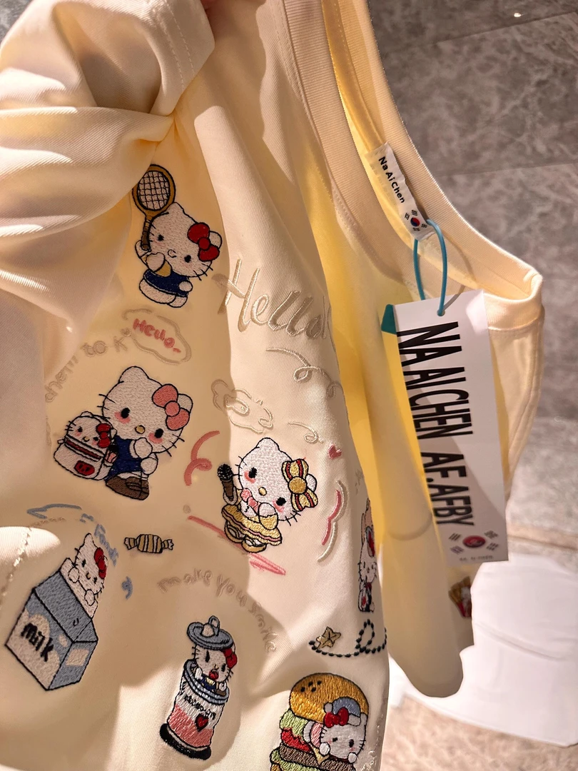 2025新款多巴胺甜美kitty猫刺绣纯棉短袖t恤女夏宽松圆领百搭上衣