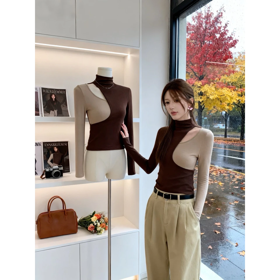 拼色半高领长袖T恤女2025秋季新款内磨毛镂空内搭修身高级上衣女