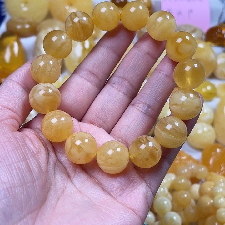 蜜蜡裸石未镶嵌蜜糖溶洞花纹圆珠