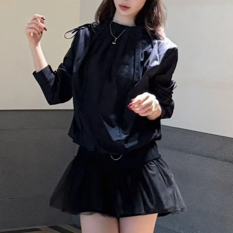 法式设计感气质长袖衬衫女2025秋季新款时尚压褶衬衣纯色洋气上衣