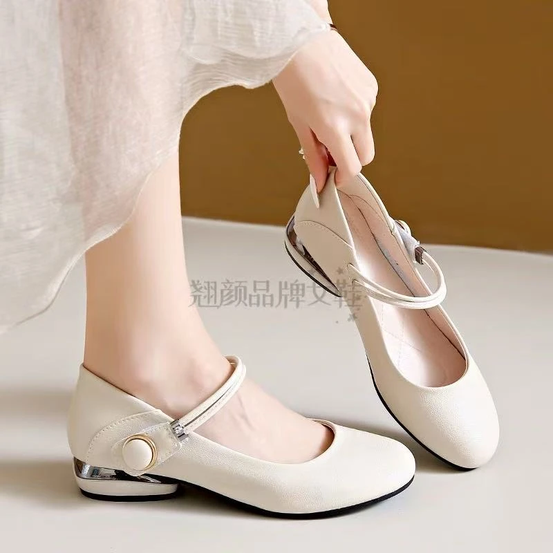 【翘颜品牌】春季浅口圆头薄款防滑温柔软底复古粗跟法式小单鞋367