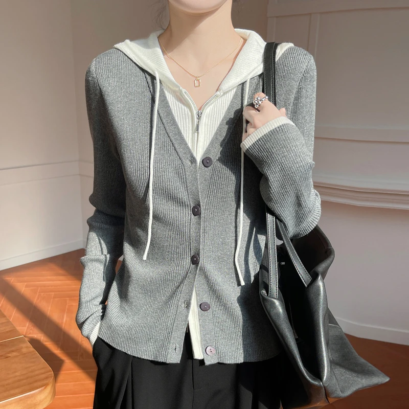 哥弟阿玛施正品叠穿撞色连帽假两件精纺针织开衫外套彩点帽衫上衣