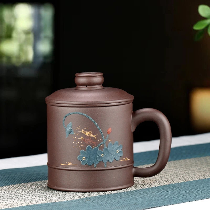 紫砂杯宜兴原矿手工内胆盖杯紫泥上等正宗男女士专用办公泥绘杯子