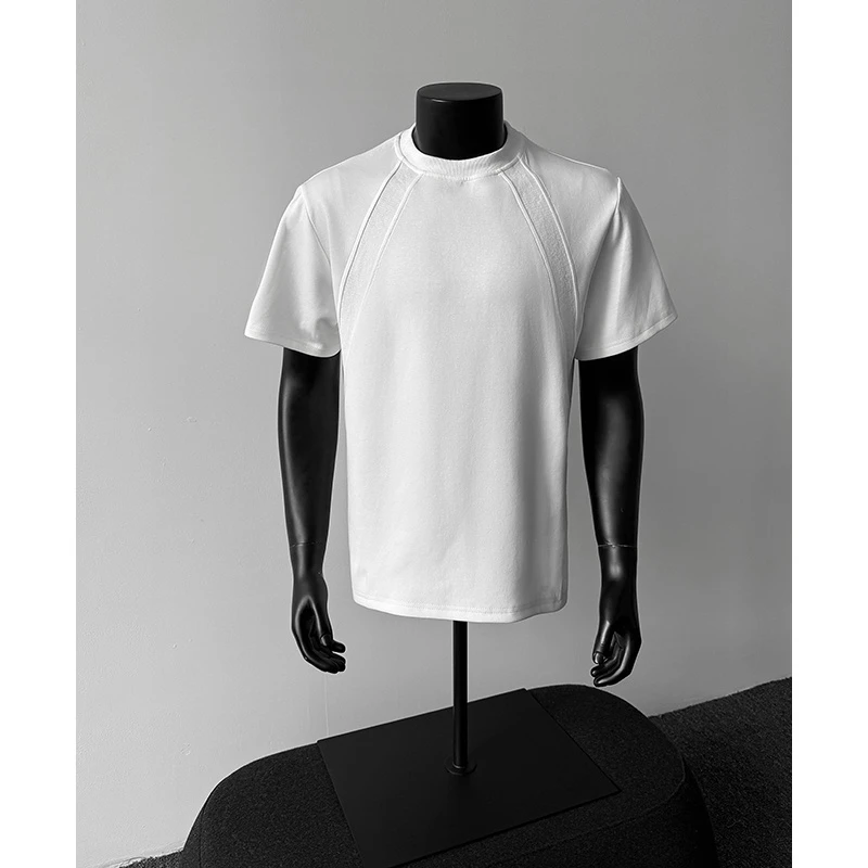 夏季新款正肩拼接圆领短袖T恤小众百搭轻薄透气都市时尚休闲上衣