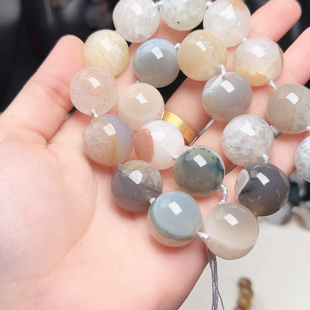 玛瑙/玉髓未镶嵌珠宝半成品c244 18m 双拼冷系圆珠一条