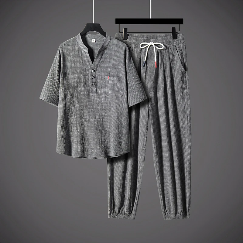 新中式夏季男士衬衫薄款中国风休闲男装汉服唐装茶服短袖冰丝套装